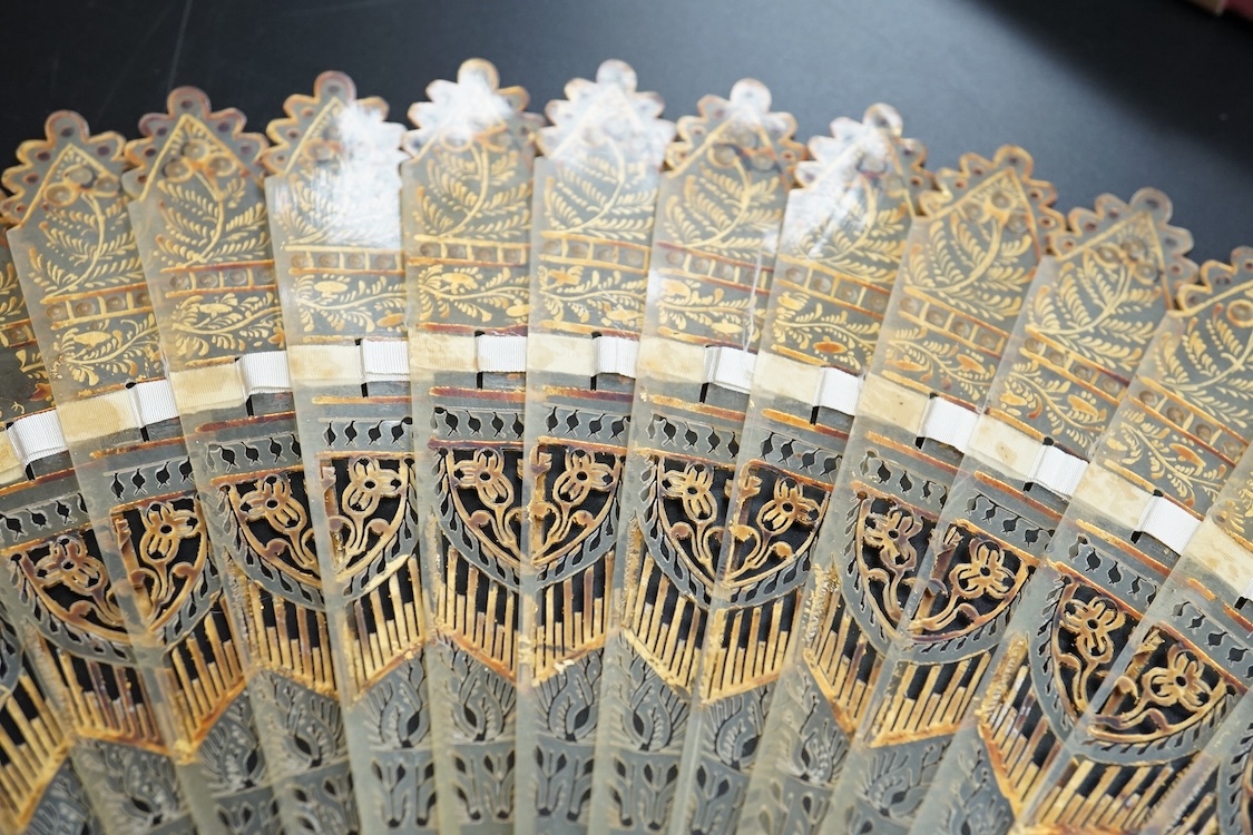A group of 19th century fans to include a blonde tortoiseshell brisé fan, gilt decorated with sequins and a floral hand painted with figures with sequins decoration, some boxed, tortoiseshell fan 19cm high largest 36cm h